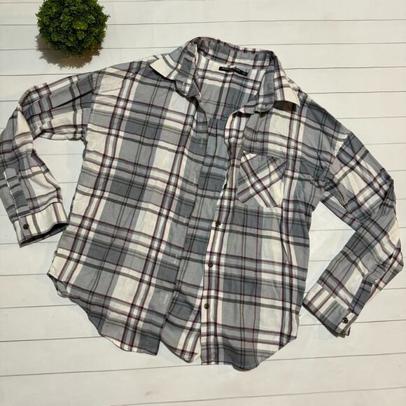 Brandy Melville Purple Gray White Plaid Oversized Button Front Flannel‎ Shirt - Picture 1 of 3